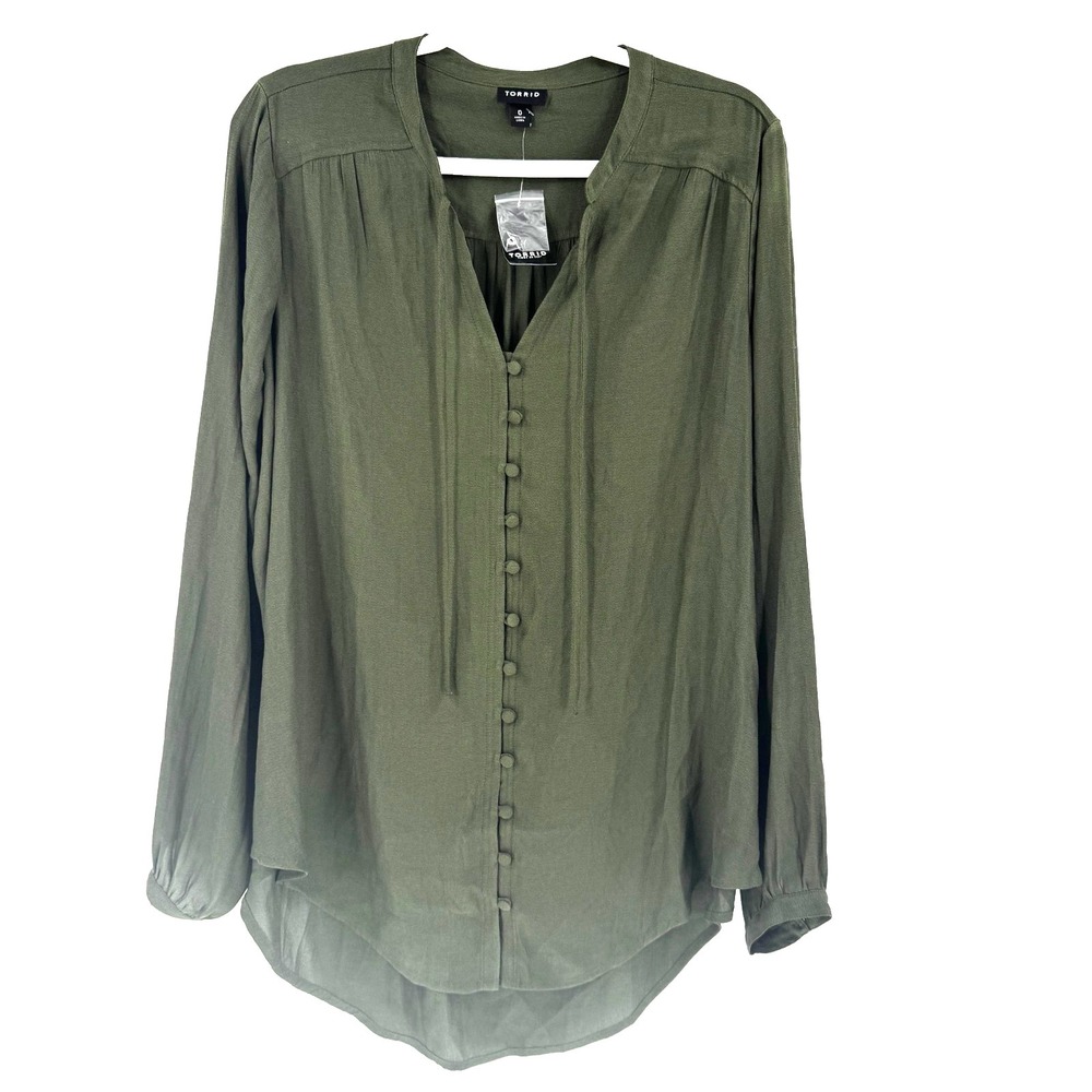 NEW Torrid Harper Challis Crepe Blouse Womens Large Olive Green Button Up Office